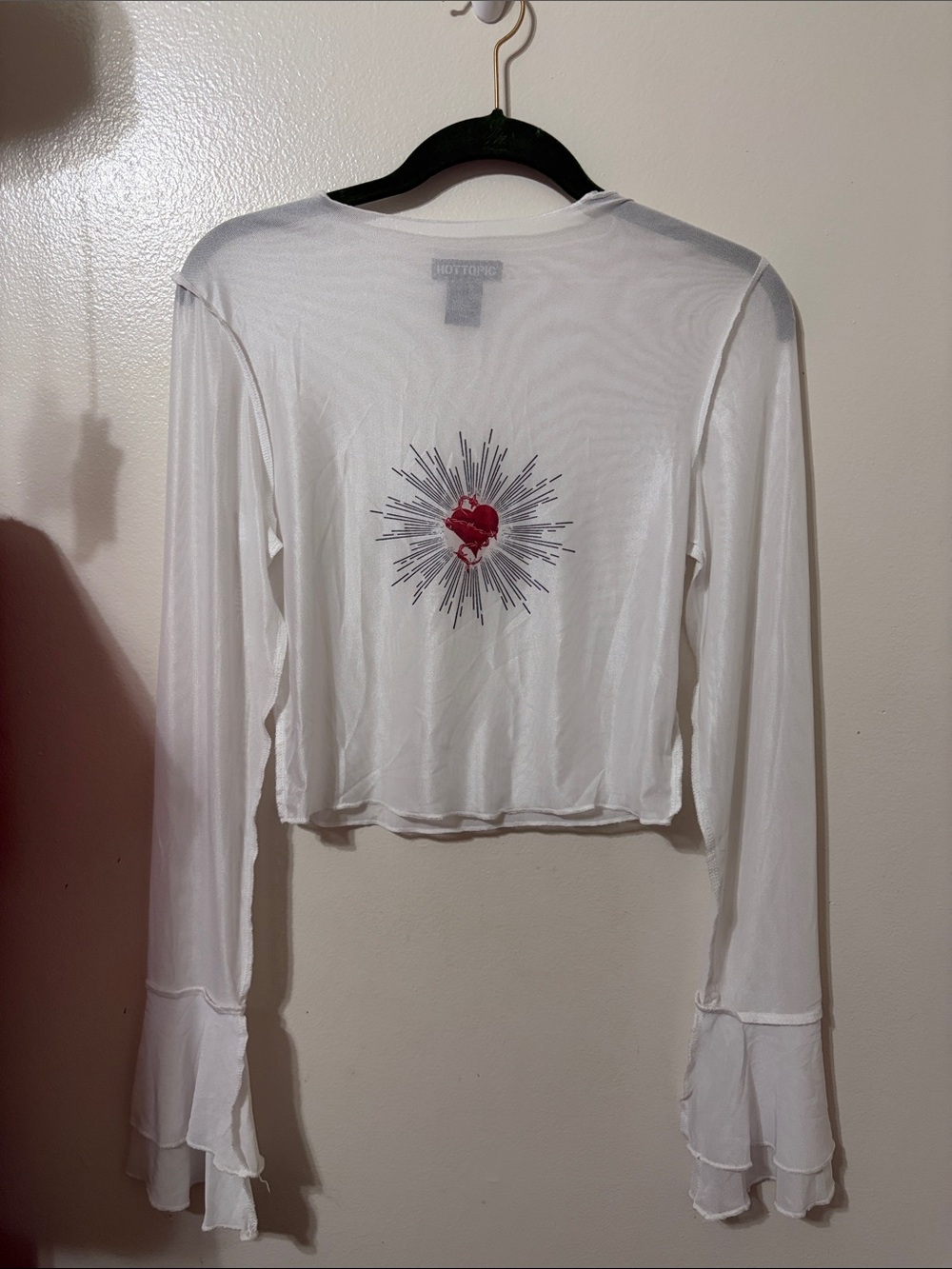 Hot Topic White Long-Sleeve Cropped Top with Red Heart Burst